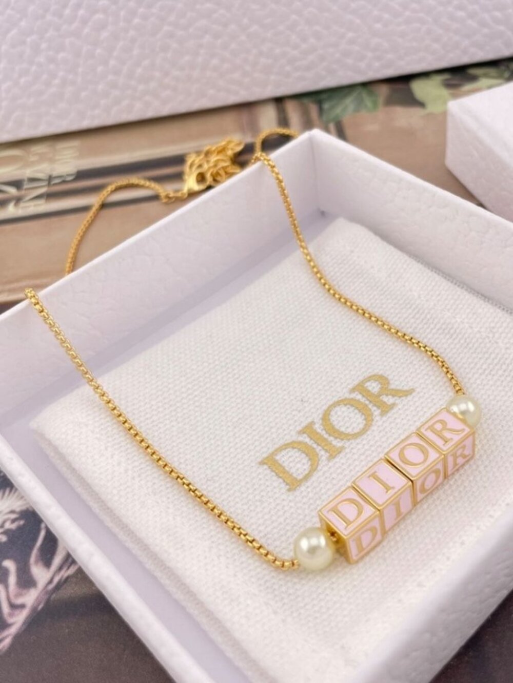 Dior Necklace - D-dice cube pink lacquered necklace